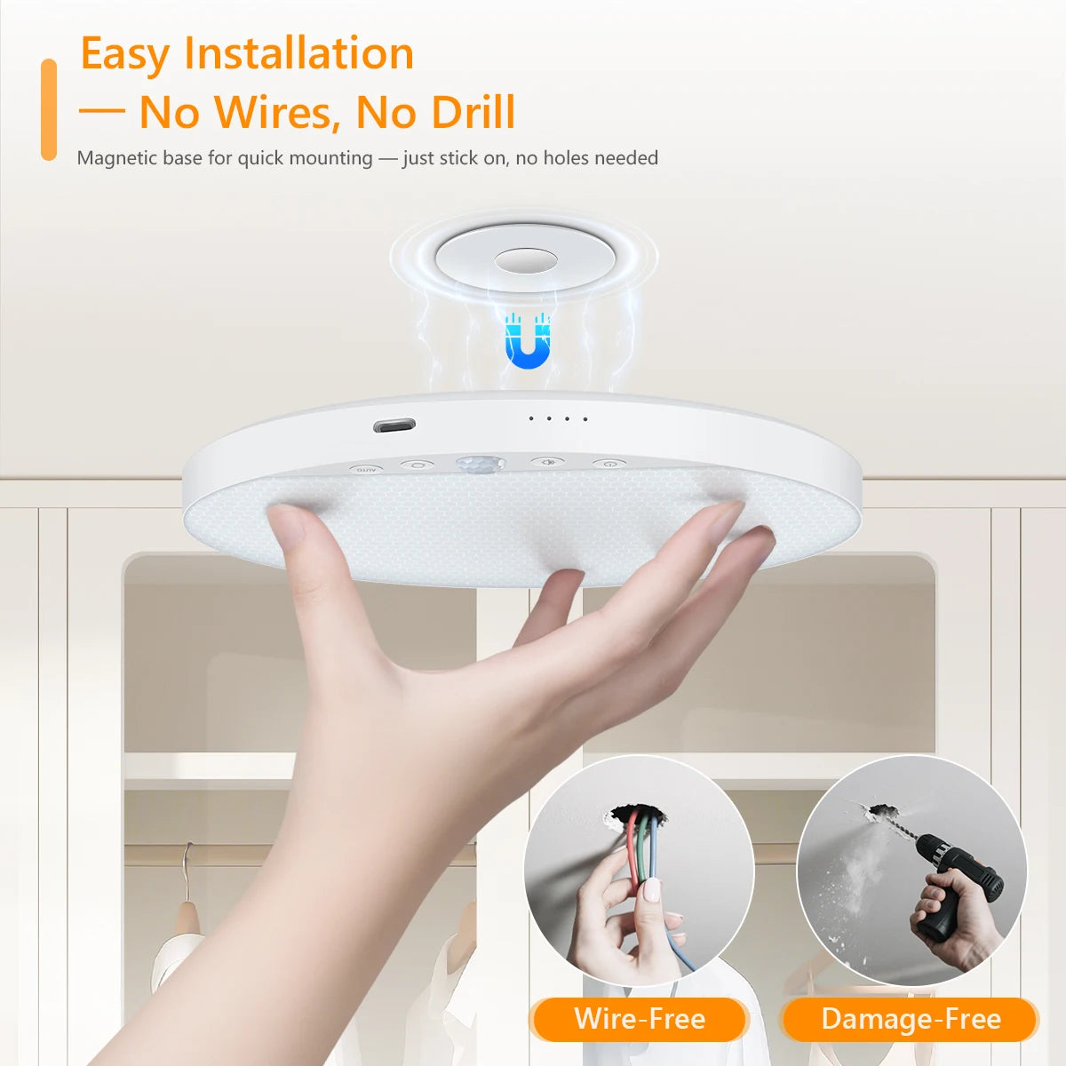 A hand is holding a white ceiling light fixture, demonstrating its easy installation method.