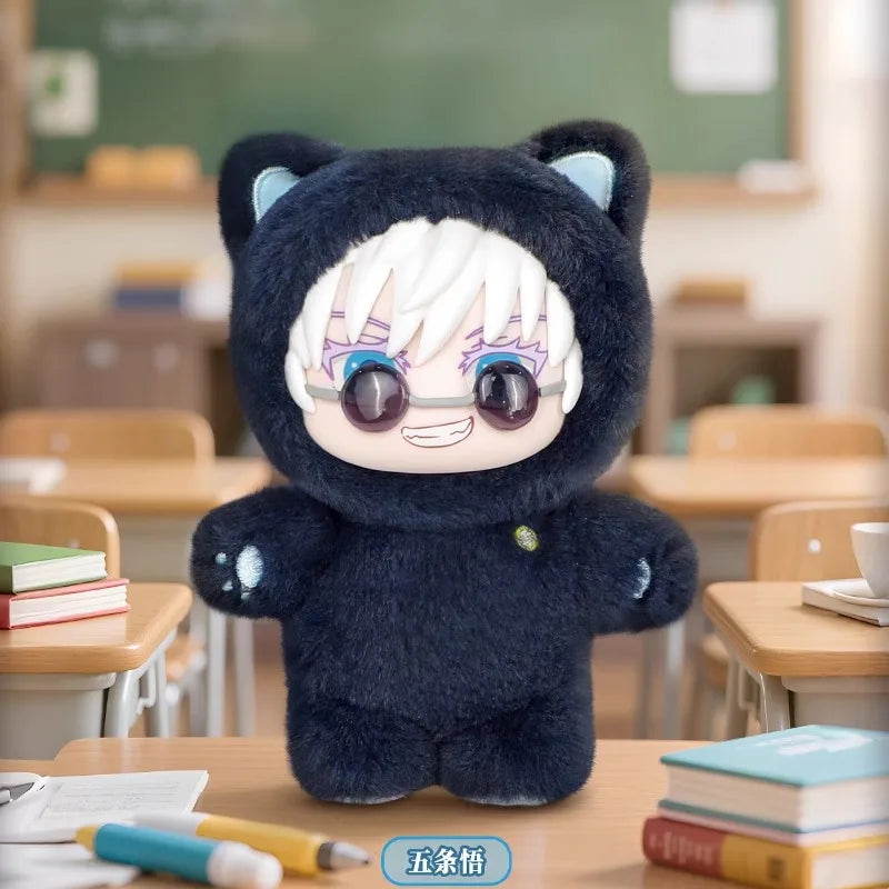 A dark blue cat plush doll with white hair and glasses sitting on a wooden table.