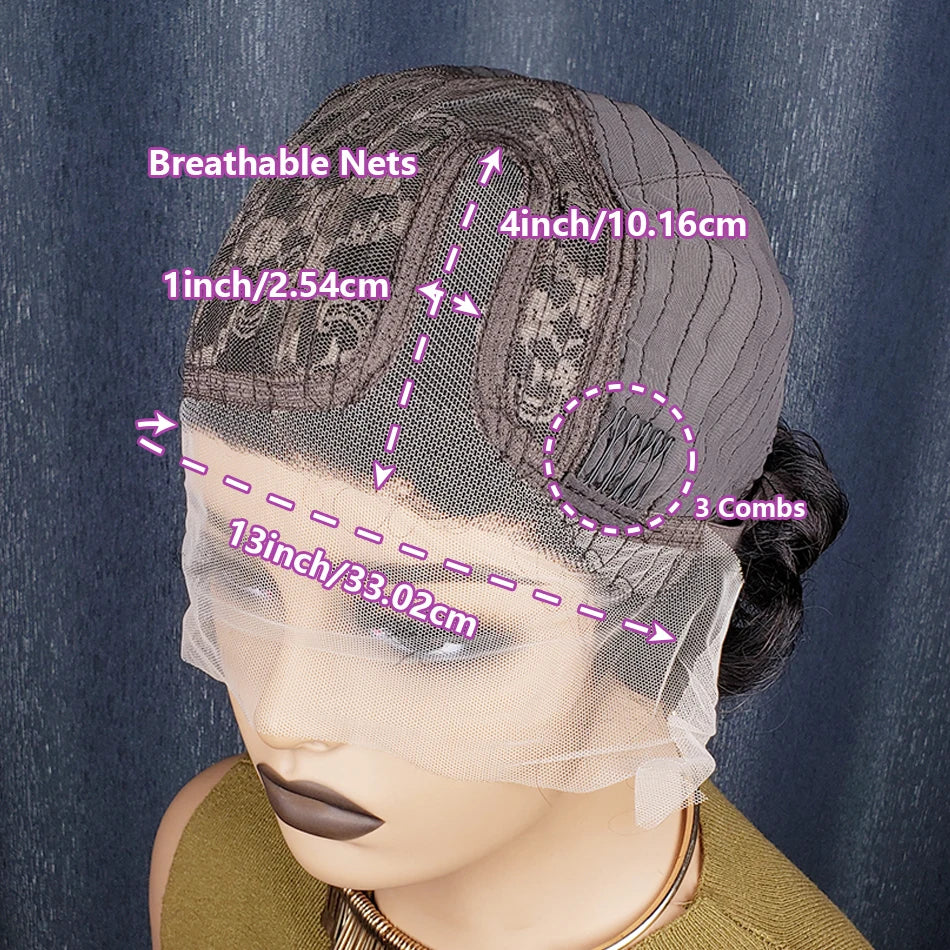 Gros plan d'une perruque coupe pixie bouclée avec filets et peignes, montrée sur un mannequin.