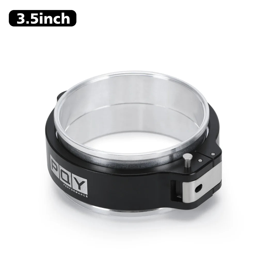 A black heavy-duty aluminum V-band clamp and flange assembly with a 3.5-inch diameter.