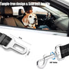 Close-up view of a silver buckle and a black harness strap for a dog car safety product.