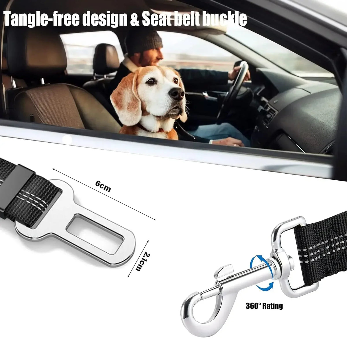 Close-up view of a silver buckle and a black harness strap for a dog car safety product.