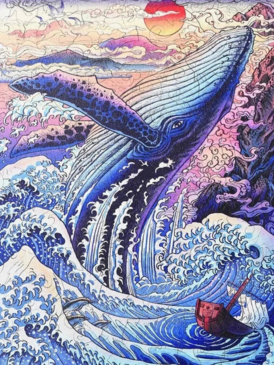 A diamond painting depicting a whale breaching through turbulent blue and purple waves under a sunset sky.