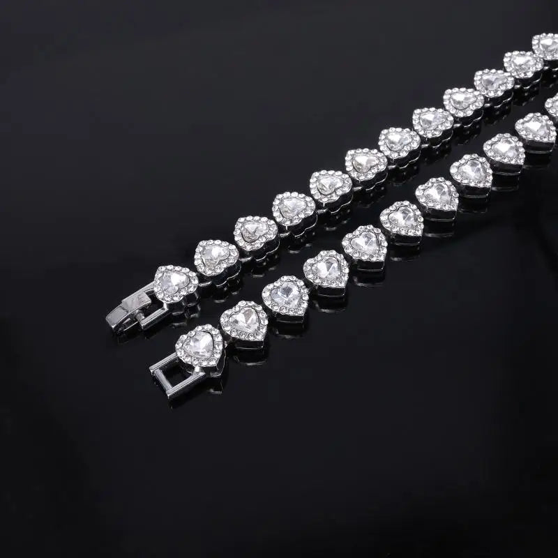 Heart Rhinestone Tennis Chain Necklace & Bracelet Set