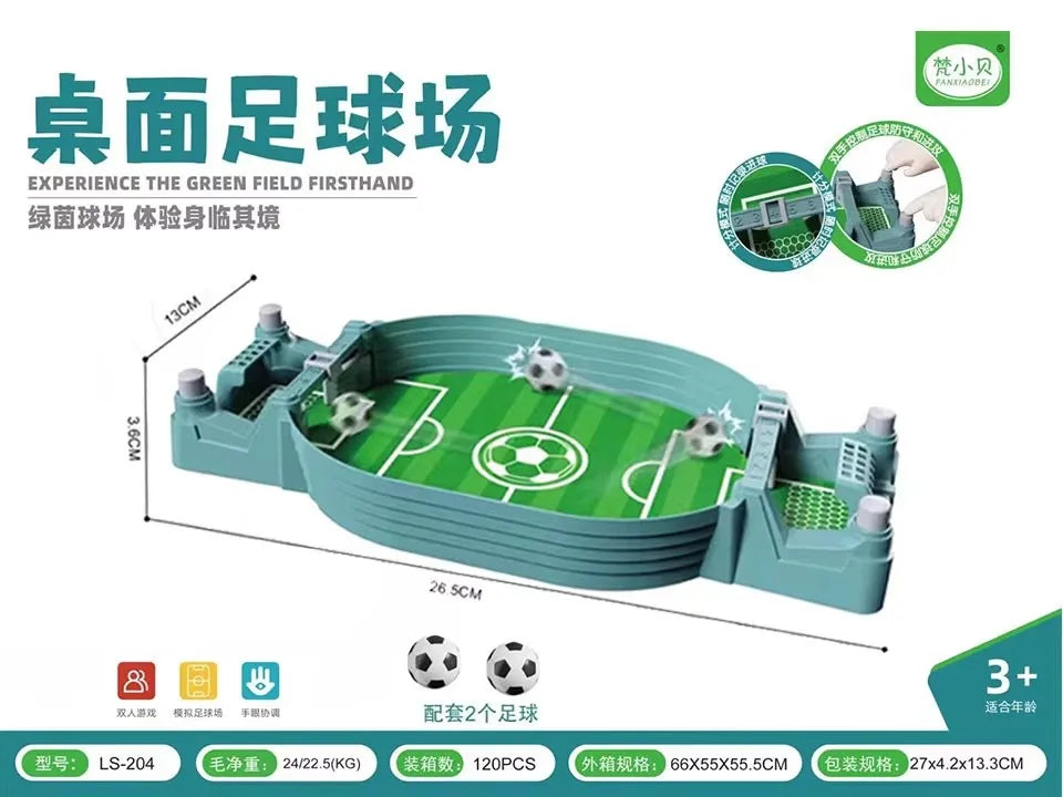 A green tabletop soccer field set with goals and players, packaged for family fun.
