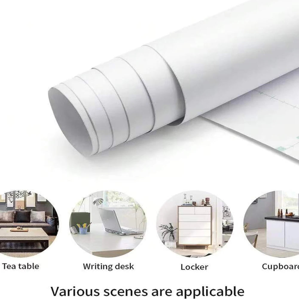 Roll of matte black self-adhesive vinyl wallpaper shown with various cabinet and countertop application scenes