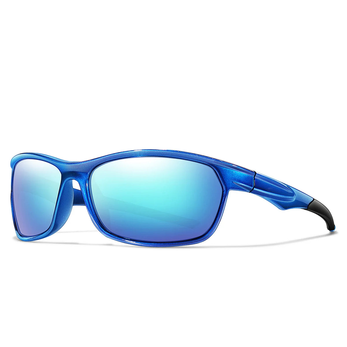 A pair of blue polarized sports sunglasses with dark arms shown against a white background.