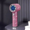 A pink sparkling diamond pattern portable fan with an LED glow displaying 199.