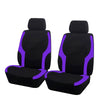 A pair of black and purple two-tone car seat covers shown side by side.