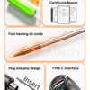 Cordless USB soldering iron with a green battery, LED display, and tin oxide tip for electronics work.