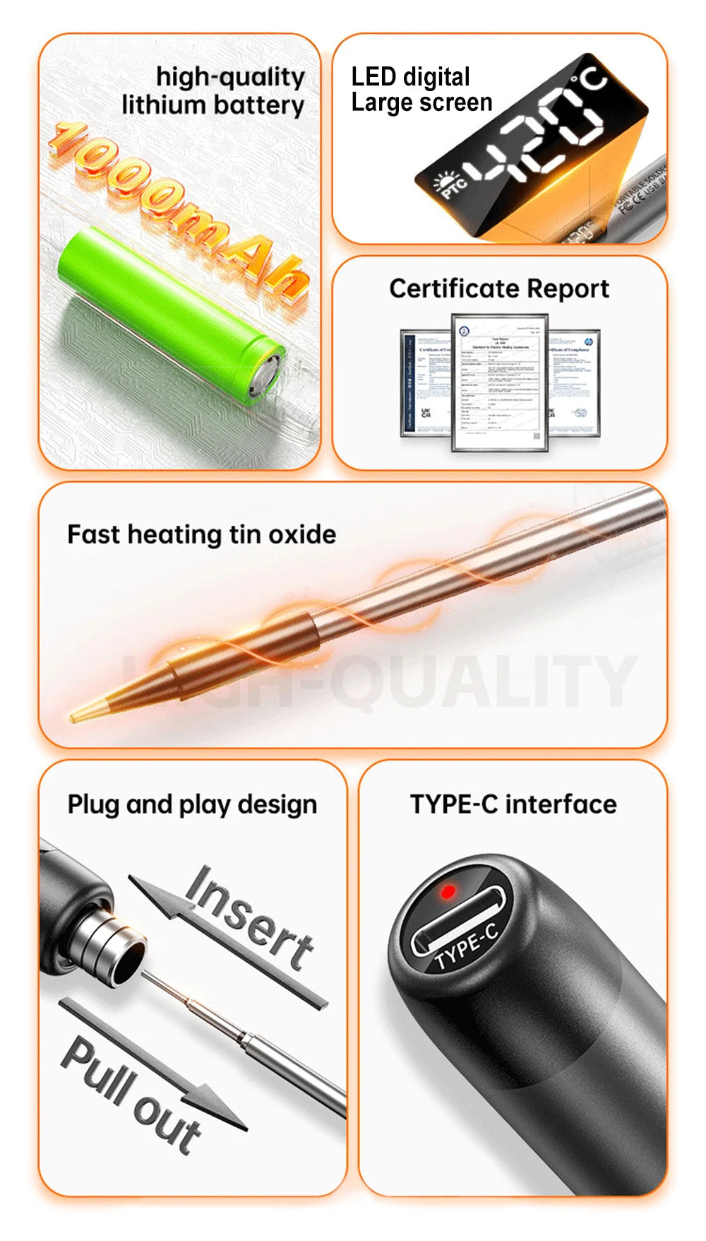 Cordless USB soldering iron with a green battery, LED display, and tin oxide tip for electronics work.