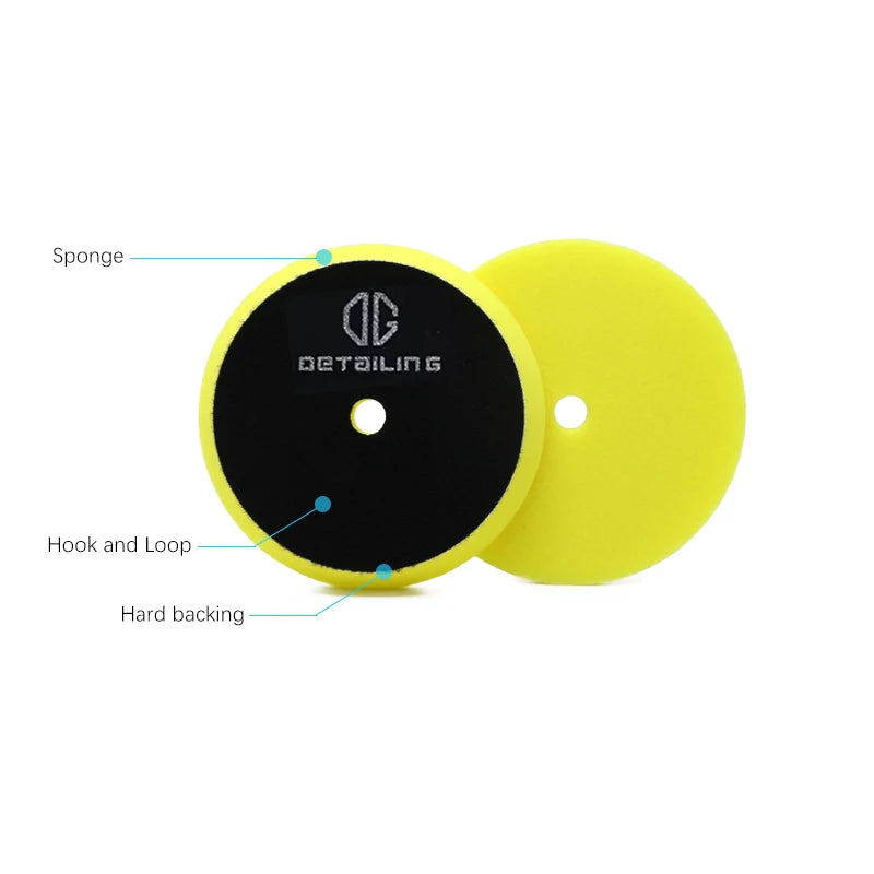 Yellow foam polishing pad with black detailing side and hook and loop attachment.