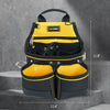 A black and yellow heavy-duty tool pouch with multiple pockets and a hammer holder shown against a gray background.