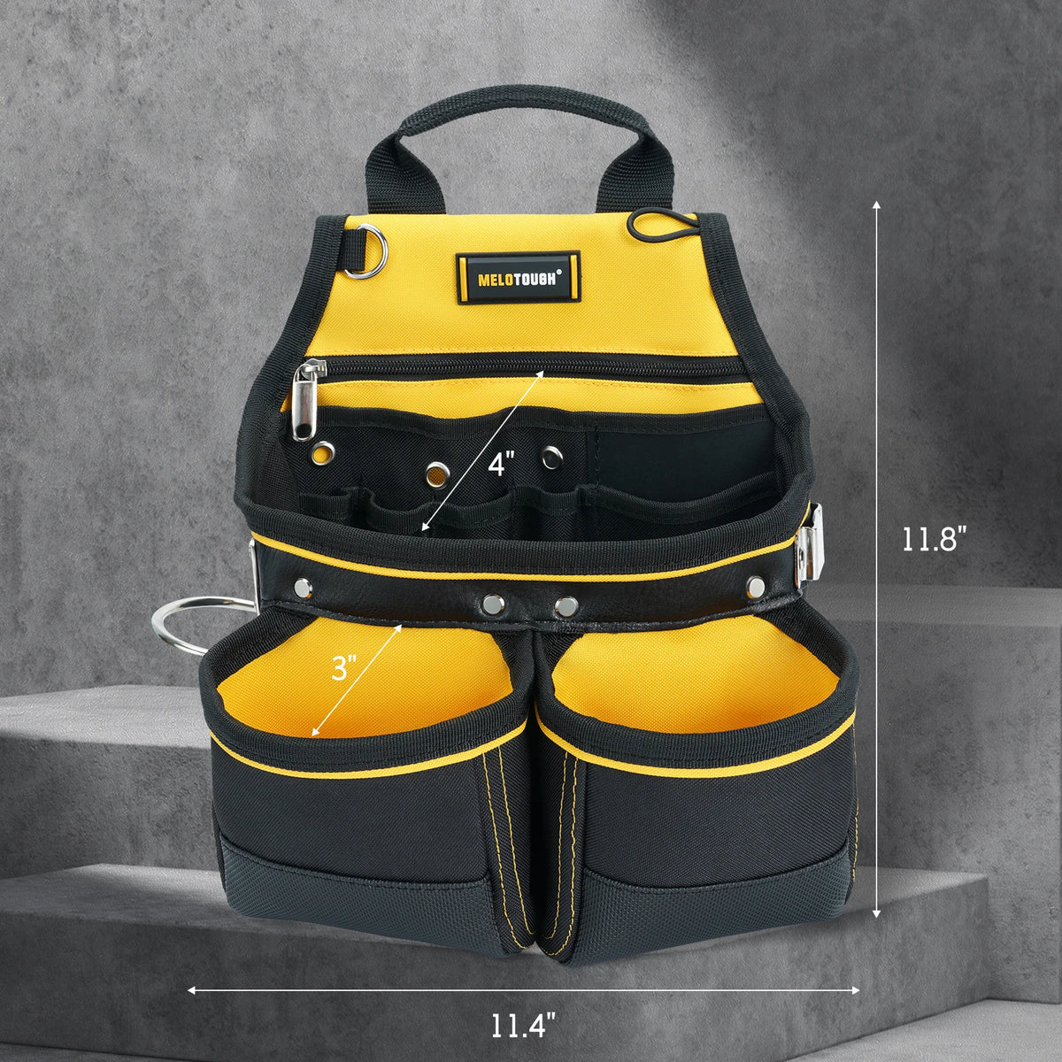 A black and yellow heavy-duty tool pouch with multiple pockets and a hammer holder shown against a gray background.