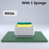 White kitchen soap dispenser with a green sponge and yellow foam inside.