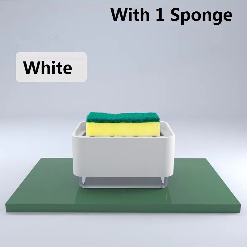 White kitchen soap dispenser with a green sponge and yellow foam inside.