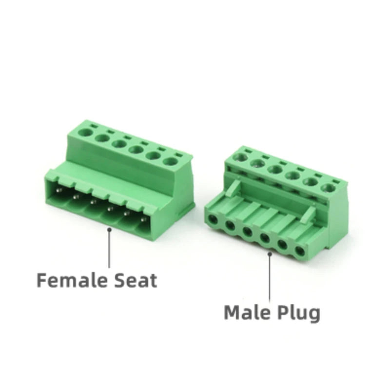 A female seat and a male plug of a green solderless screw terminal block connector for PCB insertion.