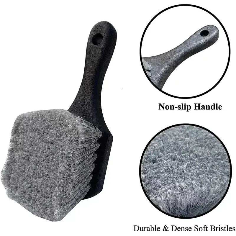 A black compact car wheel and tire cleaning brush set featuring a non-slip handle and durable, dense soft bristles.