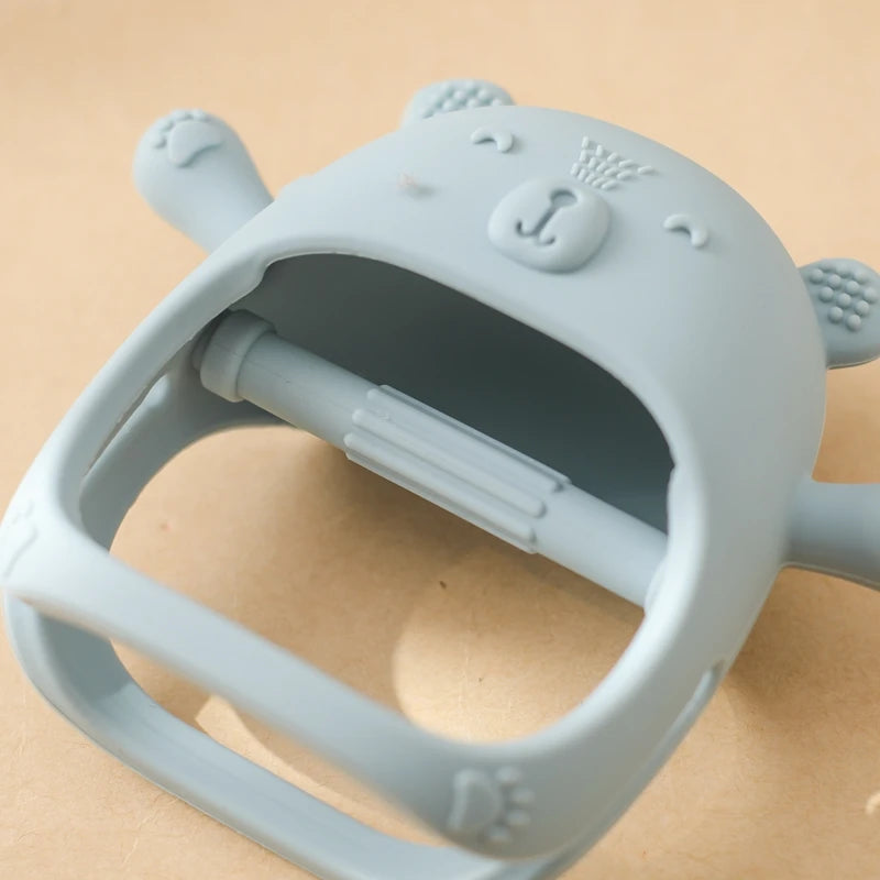 Baby Teething Gloves with Cartoon Bear Design