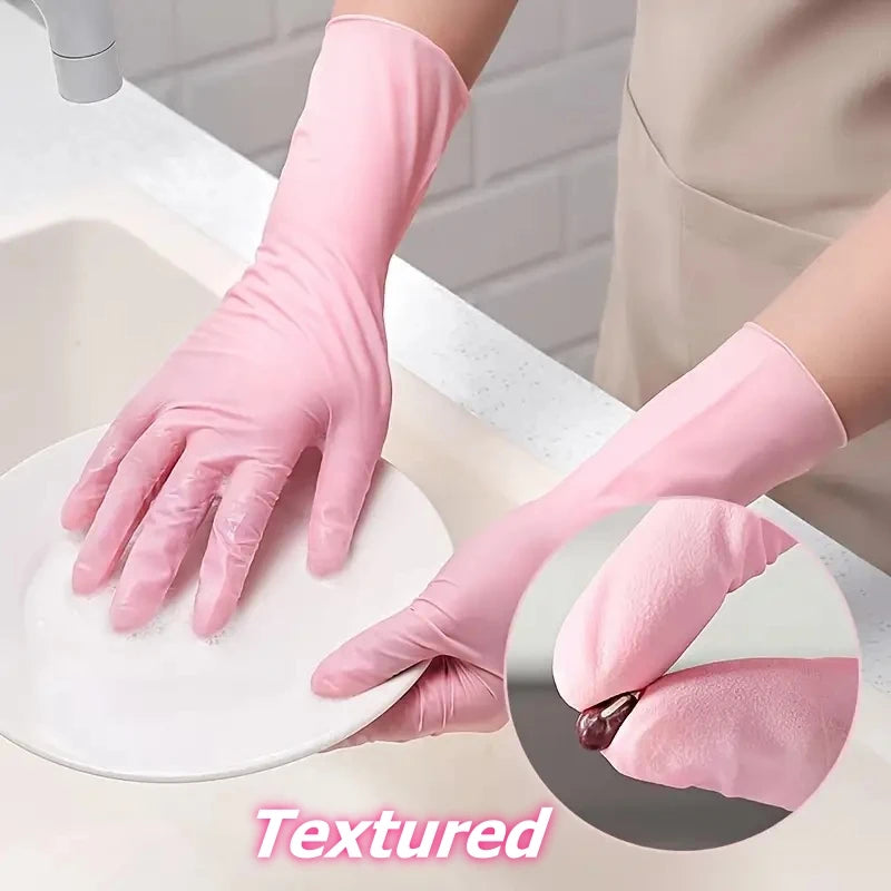 A hand wearing a pink disposable glove is shown placing it on a white plate, highlighting the textured surface of the glove.