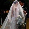A bride wearing a sheer pearl tulle veil and gown is being held by a man in a formal suit.