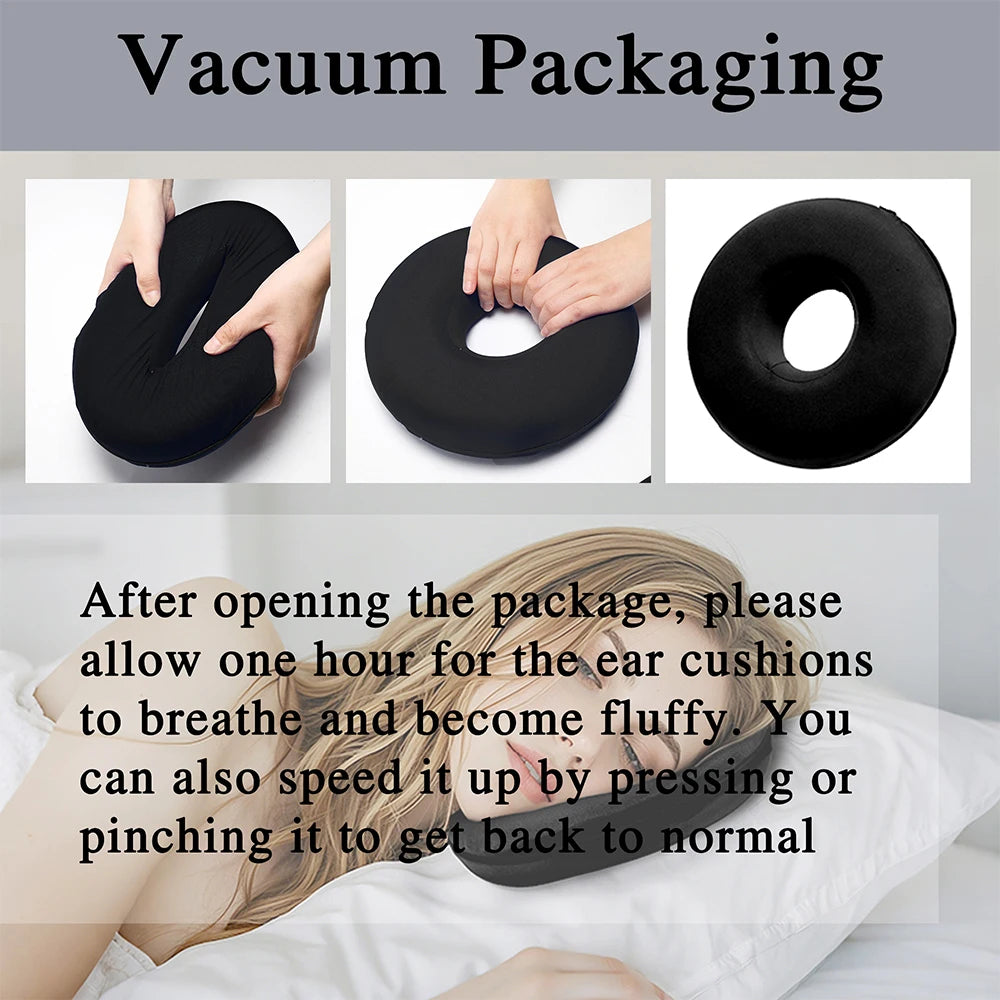 Black memory foam ear piercing pillow with a cutout for side sleepers shown in various angles.