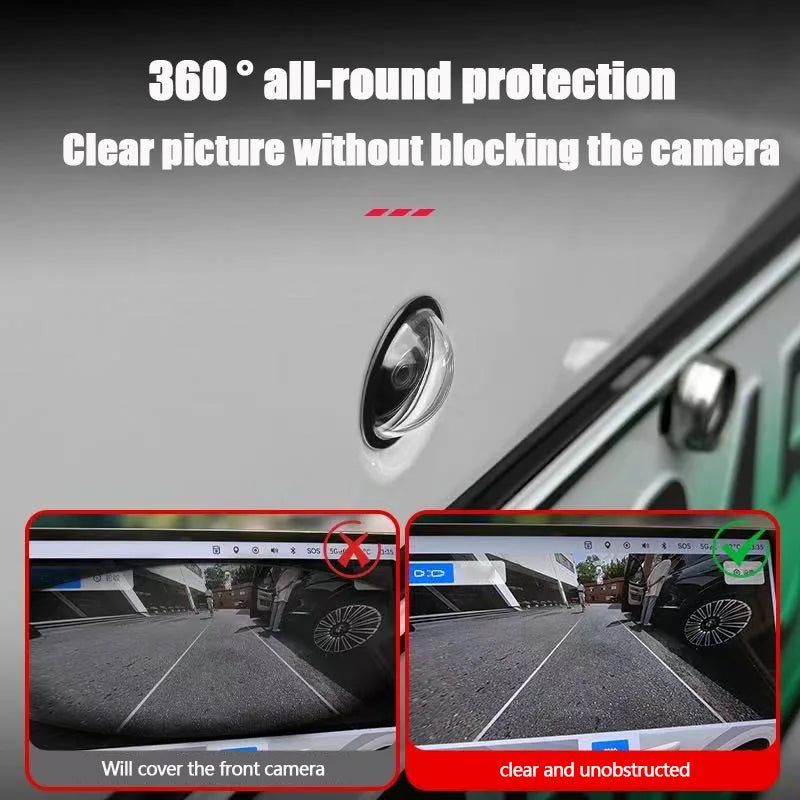 A protective cover for a car camera, designed for 360° all-round protection and clear picture without blocking the camera.