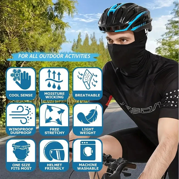 A man wearing a black UPF 50+ cooling balaclava sun face mask and athletic shirt outdoors.