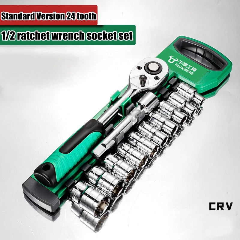 A green and silver 1/2 ratchet wrench socket set with a quick-release mechanism shown diagonally.