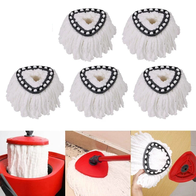 White triangular microfiber replacement mop pads for spin mops shown in various forms and usage.