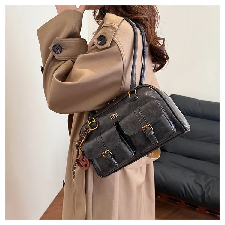 Women's Retro PU Leather Shoulder Bag with Multiple Pockets & Detachable Charm