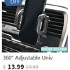 A black phone holder is mounted on a car's dashboard, shown in a promotional image.