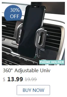 A black phone holder is mounted on a car's dashboard, shown in a promotional image.