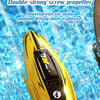 Yellow high-speed RC boat with a double screw propeller moving through clear water.