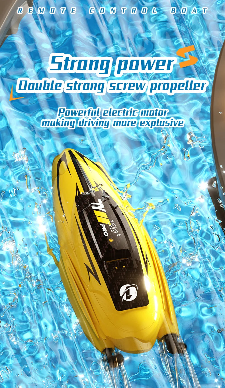 Yellow high-speed RC boat with a double screw propeller moving through clear water.