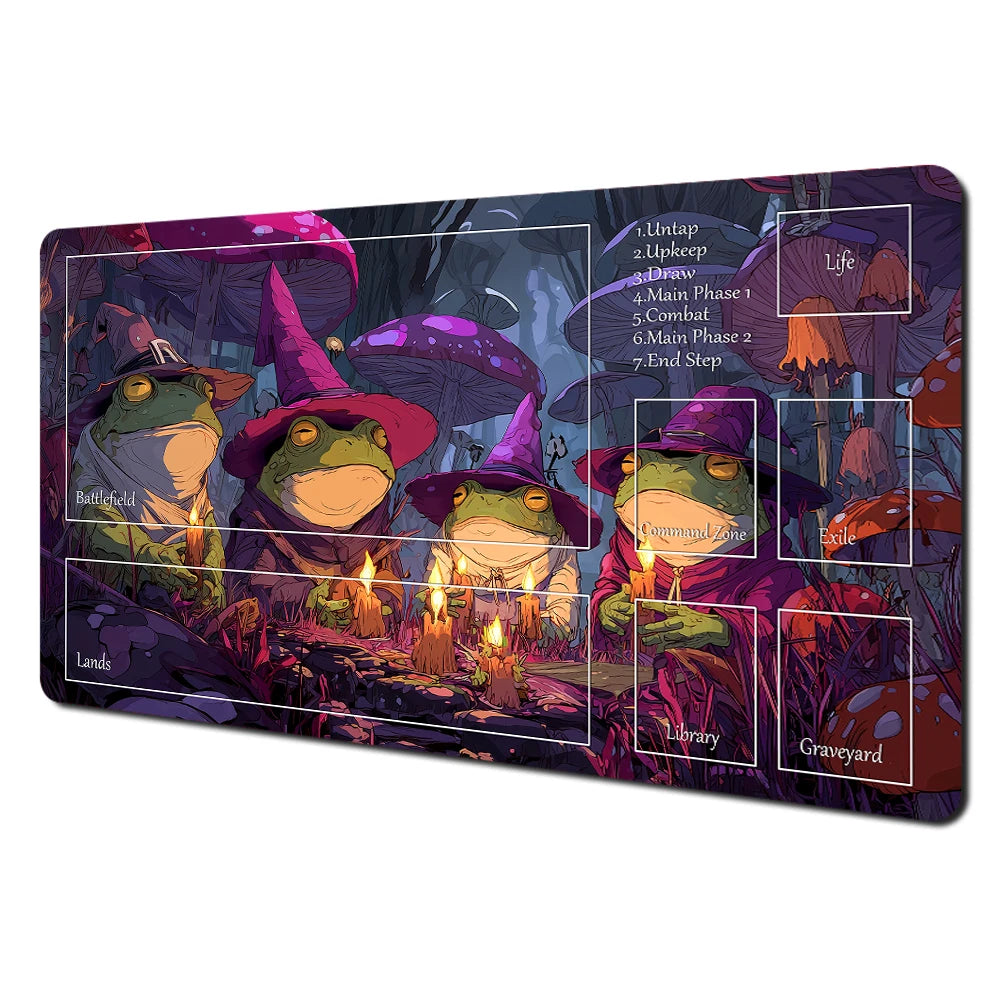 Fantasy card playmat featuring an illustration of a rabbit archer and raccoon in a dark, magical setting.