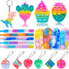 A variety pack of colorful fidget toys and party favors for kids, including a dinosaur, a pineapple, and various silicone fid