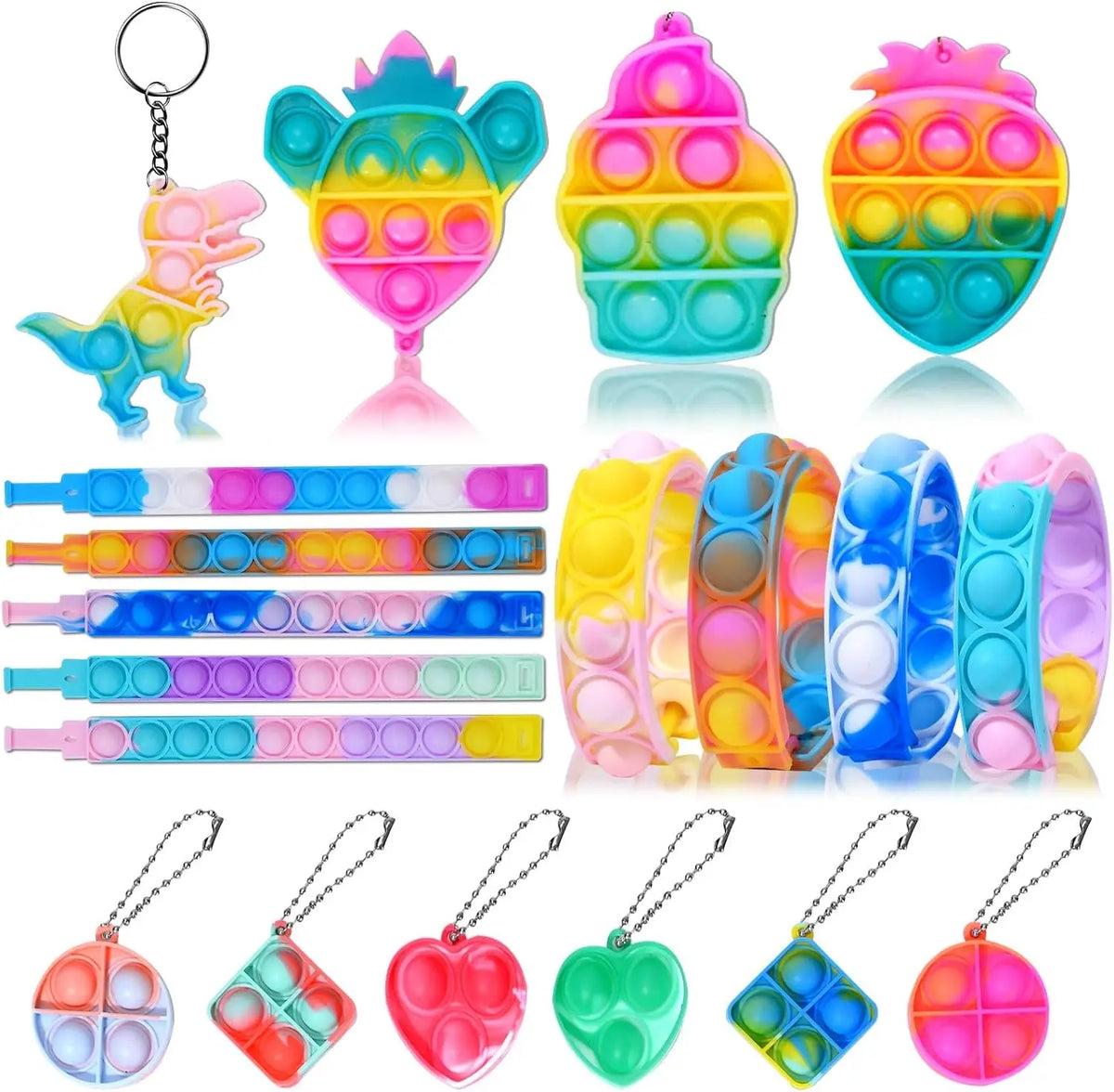 A variety pack of colorful fidget toys and party favors for kids, including a dinosaur, a pineapple, and various silicone fid