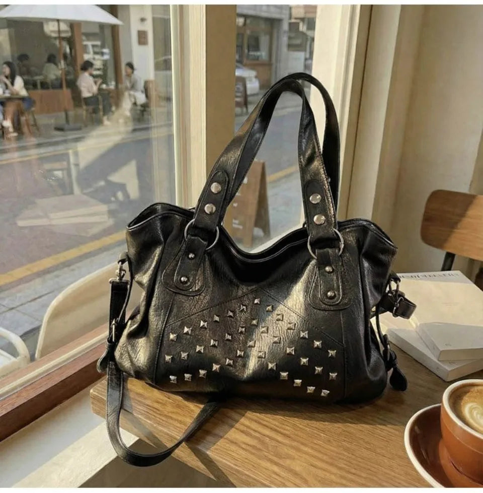 Rivet Punk Large Capacity Tote Bag with Adjustable Crossbody Strap