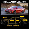 Diagram showing installation locations for car door sealing strips on a sedan, including hood, doors, and pedals.