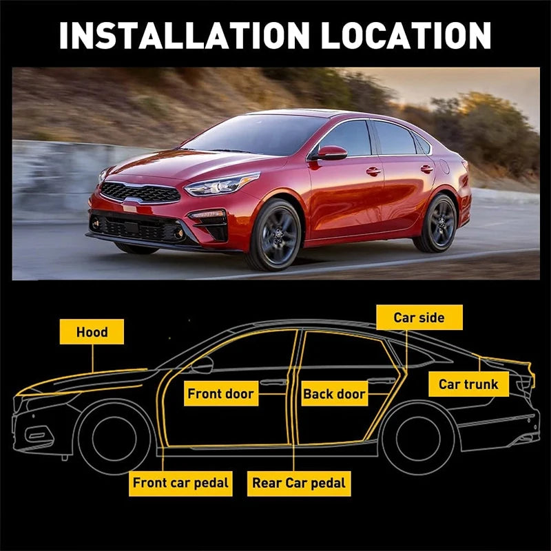Diagram showing installation locations for car door sealing strips on a sedan, including hood, doors, and pedals.