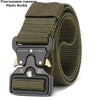 A close-up of a dark olive green plastic buckle attached to a durable nylon tactical belt.