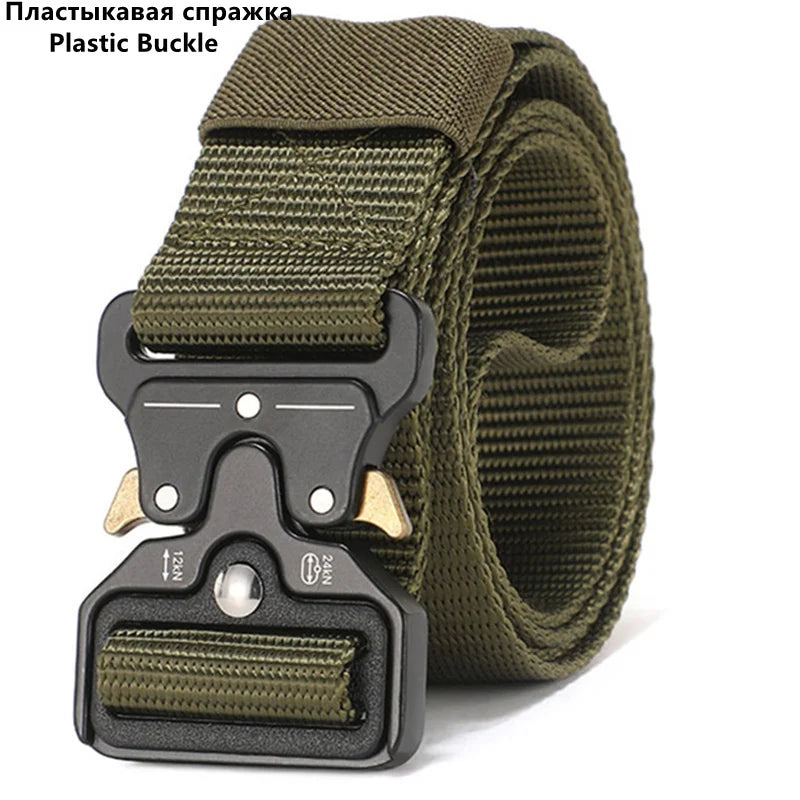 A close-up of a dark olive green plastic buckle attached to a durable nylon tactical belt.