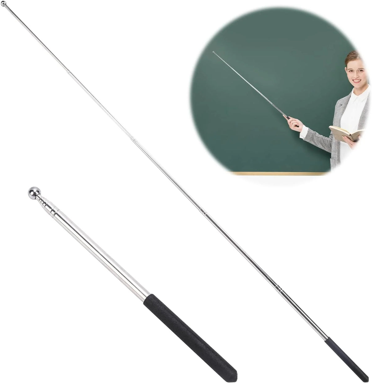 Stainless steel telescopic teacher pointer with a black grip and a demonstration of its use.
