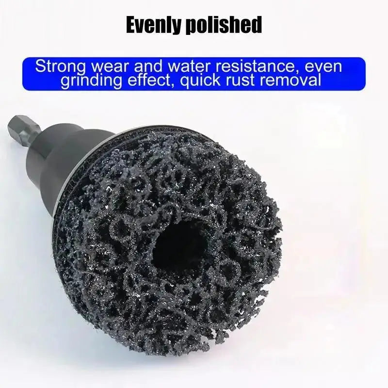 A close-up view of a black abrasive wheel attachment for a drill, designed for rust removal and polishing.