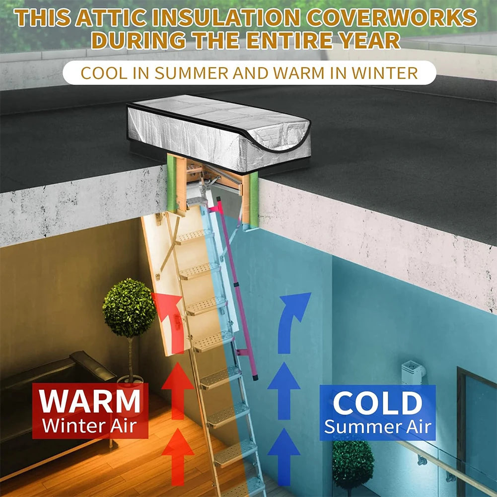 Attic stairway insulation cover working during the entire year, providing cool in summer and warm in winter.
