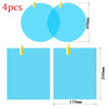 Four circular blue films for car mirrors, with dimensions and application context shown.