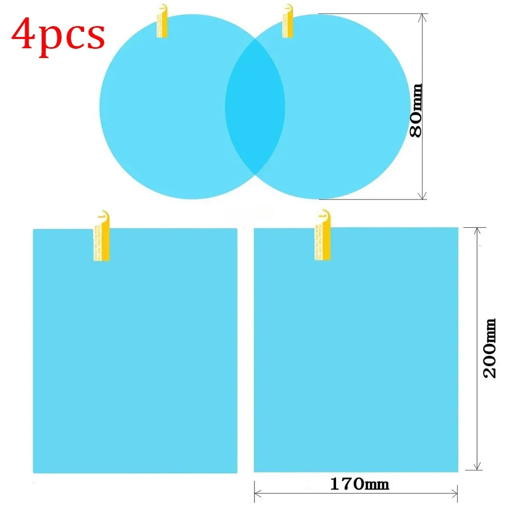 Four circular blue films for car mirrors, with dimensions and application context shown.