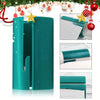 A teal portable wrapping paper cutter with a sliding blade, shown in various angles and with wrapping paper.