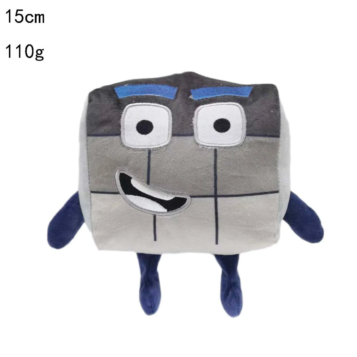 A soft stuffed number plush doll featuring a gray body, blue eyes, and dark blue limbs.